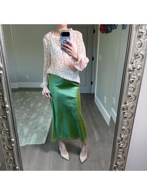 Dasa Green Silk Midi Skirt with Elastic Waist Size 2